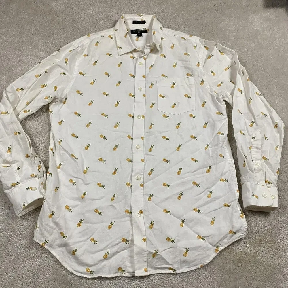 Banana Republic Shirt Mens L White Pineapple Print Linen Long Sleeve Button Up